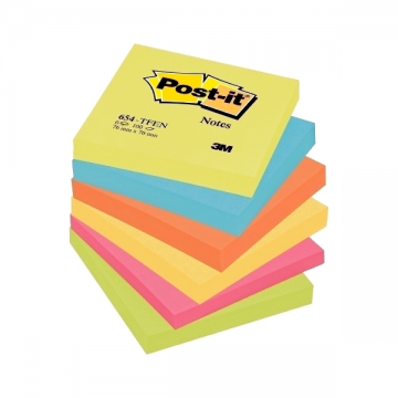 Poza Notes autoadeziv Post-it, 76 x 76 mm, 100 file/set, nuante neon de galben, albastru, orange, galben, roz, verde.