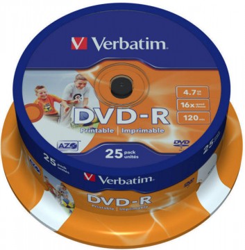 Poza DVD-R, 4.7GB, 16X, 25 buc/bulk, printabil, VERBATIM Wide Photo Printable. 